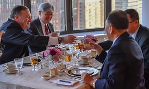 Mike Pompeo toasts a working dinner with North Korea’s Kim Yong Chol, second from right, in New York.