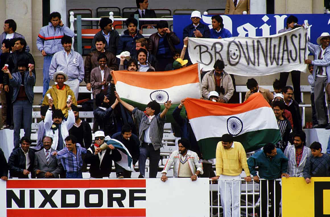 Indian fans hold banners and flags at Lord’s in 1986.