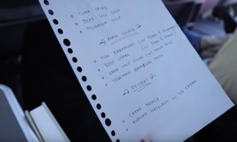 The handwritten menu Rius Vernandes received on a business class flight on Garuda Indonesia. A photo of the menu went viral.