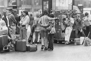 Delayed holidaymakers at Paddington station, c1970s. GNM Archive ref: GUA/6/9/1/1/H 