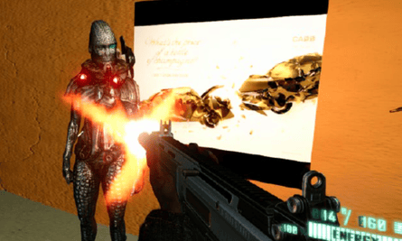 Screenshot of DUI poster embedded in first-person shooter game.