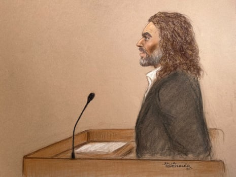 A courtroom sketch of Russell Brand stood in the witness box.