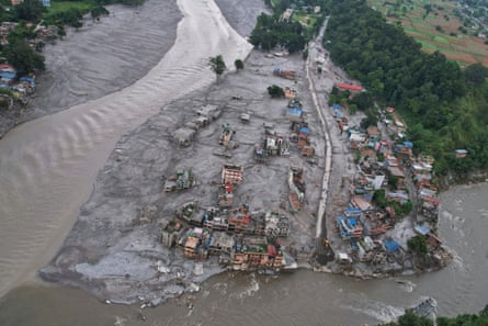 A drone view of the aftermath of flash flooding at the confluence of the Trishuli and Tadi rivers in the Nuwakot district, Nepal.