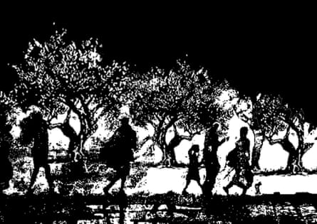 black and white art pieces of a silhouettes of people and trees