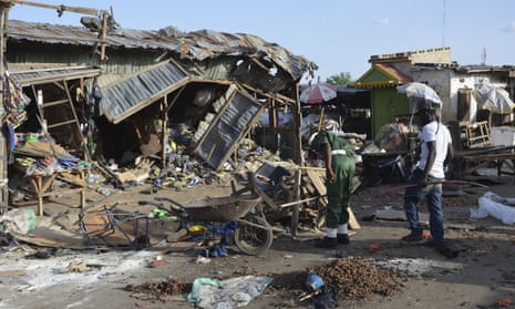 The site of a suspected Boko Haram suicide bomb attack at a market in Maiduguri in June. 