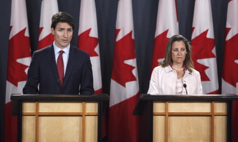 Prime Minister Justin Trudeau and Foreign Affairs Minister Chrystia Freeland speaking at a press conference in Ottawa on 31 May.