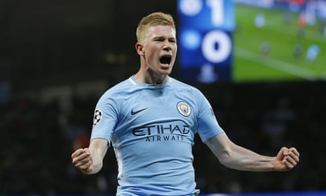 Kevin De Bruyne celebrates after Gabriel Jesus scored Manchester City’s second goal in the win over Napoli