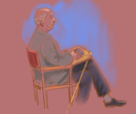 A court sketch shows Alan Jones taking notes during his trial.