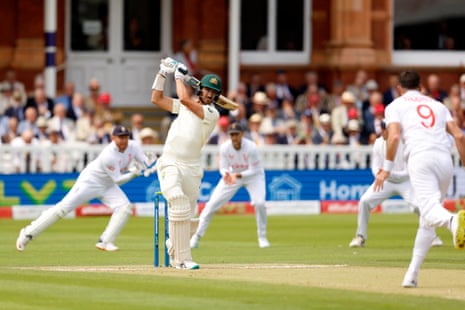 Mitchell Starc plays a shot off the bowling of England's James Anderson