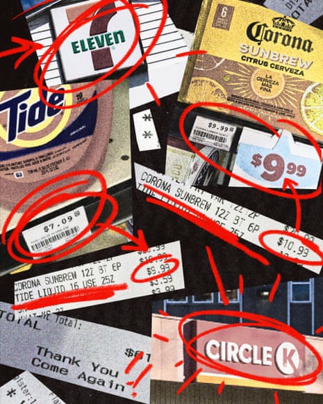 Collage of 7-Eleven and Circle K signs, products and receipts, with price discrepancies circled in red