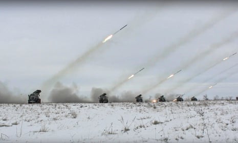 Russian truck-mounted rocket launchers during military drills near Orenburg