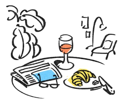 An illustration of breakfast on a table along with a glass of red wine.