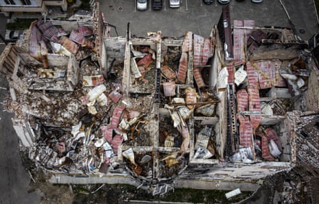 An aerial view of destroyed houses in Irpin.