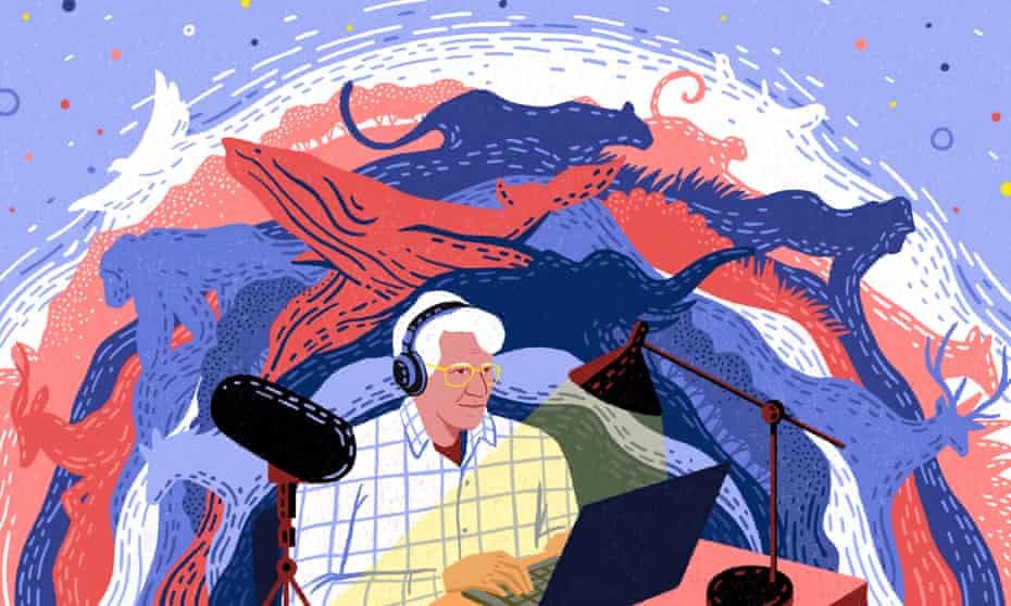 An abstract red and blue illustration shows Bernie sitting with headphones at his computer in his home studio. Behind him, a sea of animals he's recorded dance, including a humpback whale, gorillas, and an elephant. The illustration uses blue and white to provide good contrast for people with low vision.