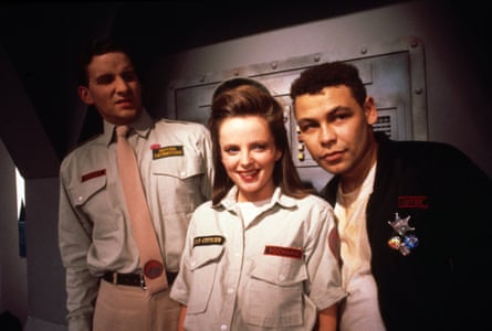 Chris Barrie as Rimmer, Clare Grogan as Kochanski and Craig Charles as Lister in Red Dwarf.