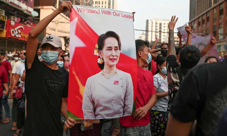 Demonstrators protesting against the military coup and demand the release of Aung San Suu Kyi in Yangon, Myanmar, in February.