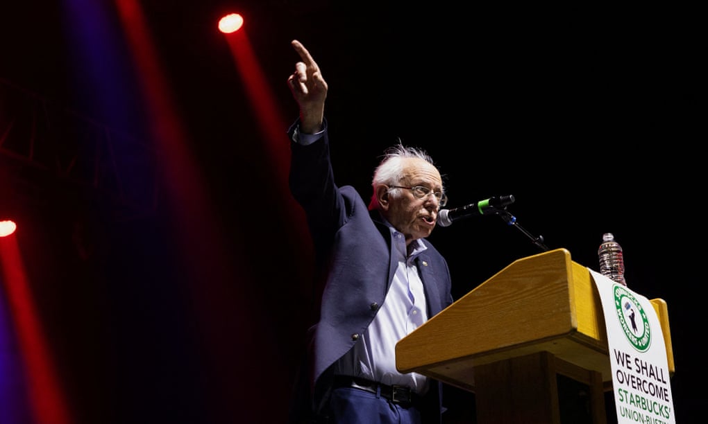 ‘Why, with all this new
tech, are we not seeing an improved standard
of living?’ … Bernie Sanders at a unionisation
rally in Richmond, Virginia.