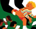 Illustration of a parent carrying a child away from a tablet while other children sit looking down at screens.