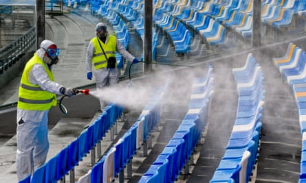 Operators of Napoli Servizi sanitise the San Paolo stadium in Naples
