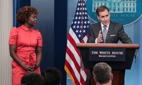 White House national security council spokesperson John Kirby (right) speaks during the daily press briefing in the James Brady Room with press secretary Karine Jean-Pierre at the White House in Washington DC