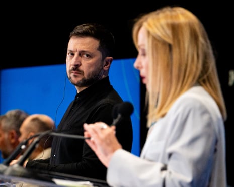 Ukraine’s president Volodymyr Zelenskyy and Italian prime minister Giorgia Meloni speak with reporters at an event in July.