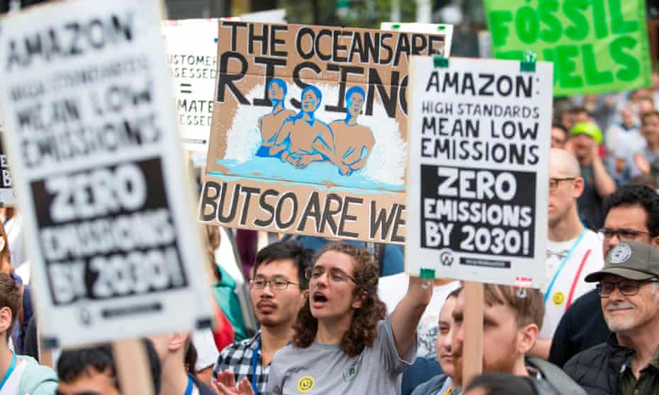 Amazon workers lead a walk out to demand that leaders take action on climate change in September.