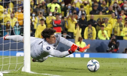 Goalkeeper Kepa Arrizabalaga saves the final penalty during the UEFA Super Cup shootout match between Chelsea and Villarreal.