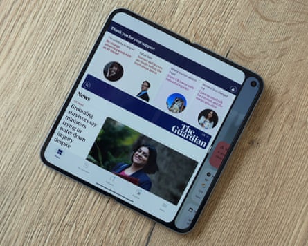 Multitasking with the Guardian and Weather apps on a Google Pixel 10 Pro Fold.