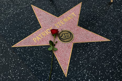 A flower lies on The Hollywood Walk of Fame star of the late actor Patrick Stewart