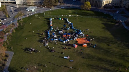 Protesters gather in an encampment set up on the University of Toronto campus on Thursday.