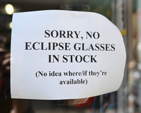 A sign in a shop in Falmouth, one of many in the town advising shoppers that no stock remains of solar eclipse glasses.
