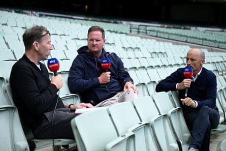 Rob Key speaks to Sky Sports’ two former England captains Michael Atherton (left) and Nasser Hussain at the MCG on Tuesday.