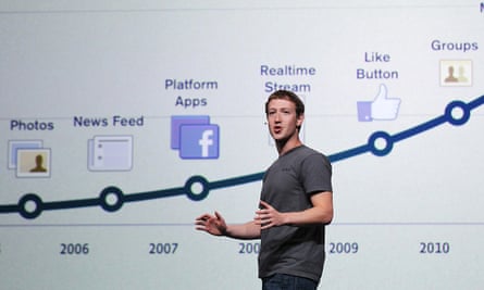 Mark Zuckerberg taking in front of a chart showing the history of its applications such as News Feed and the Like Button.