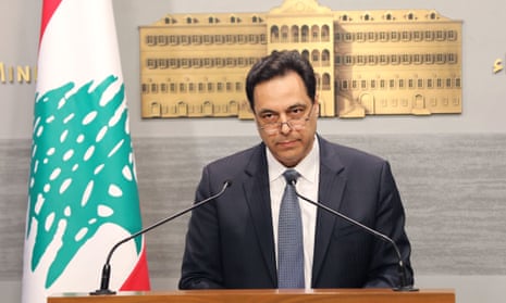Lebanon’s prime minister, Hassan Diab, delivering the statement in a live address. 