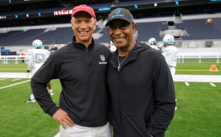Lamonte Winston, the head of the NFL Academy (right) with Steve Hagen, head coach of the NFL Academy (left) before the match against De La Salle Spartans from California at the Tottenham Hotspur Stadium.