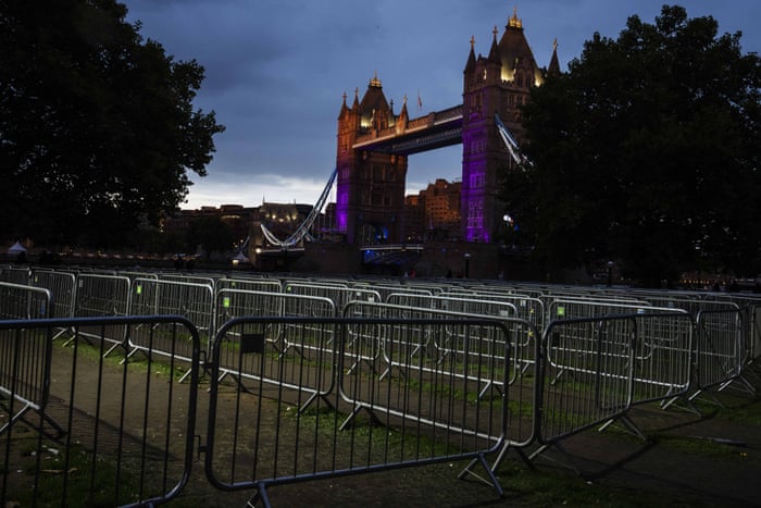 Barriers set up to control the queue near Tower Bridge after the last mourners passed through.