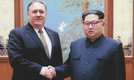 North Korean leader Kim Jong-un shakes hands with the former CIA director, now secretary of state, Mike Pompeo in Pyongyang.