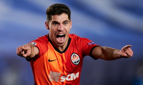Manor Solomon celebrates scoring Shakhtar Donetsk’s third goal against Real Madrid in the Champions League last month