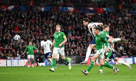 Taylor Harwood-Bellis heads home England’s fifth goal.