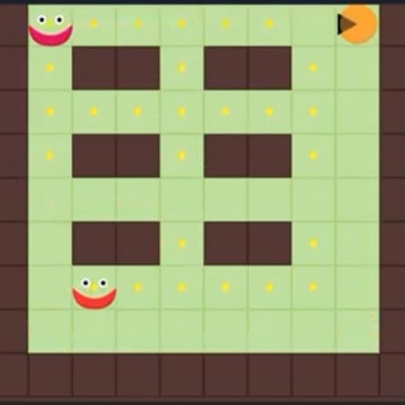 A square box, coloured green and brown, with small yellow circles and a larger yellow Pac-Man style shape and smiley faces, A square box, black and blue coloured, with small green dots and larger coloured squares in a clone of a Pac-Man game.