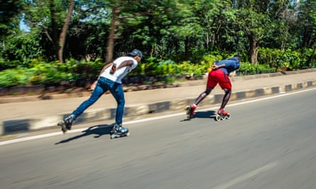 Lenny Alvin and Allan Ayigah gain speed before turning on to the highway.