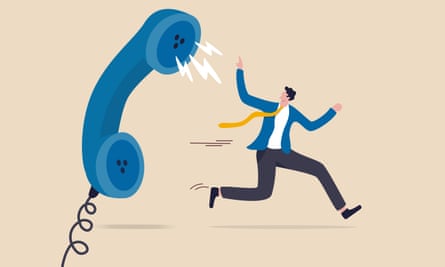 Illustration of a businessman being chased by an angry phone call