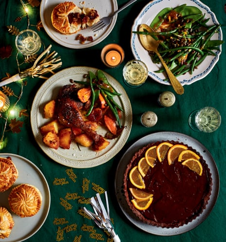 Camembert pithiviers, duck leg with clementines, miso-glazed green beans, caramel and chocolate orange tart