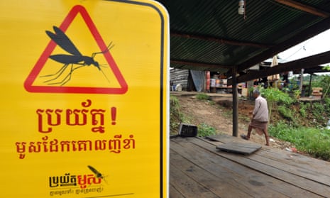 A mosquito warning sign at a village in Pailin province, 350km north-west of Phnom Penh