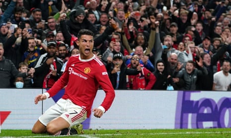 Cristiano Ronaldo of Manchester United celebrates after scoring his side’s third goal.
