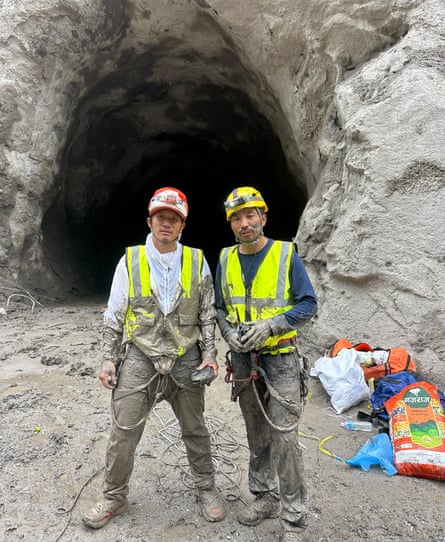 Ashish Gurung, left, with a fellow rescue mountaineer at the Chilime Hydropower in Ruswana, Nepal.