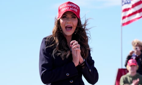 Noem arrives onstage at a campaign rally for Donald Trump on 16 March 2024 in Vandalia, Ohio.