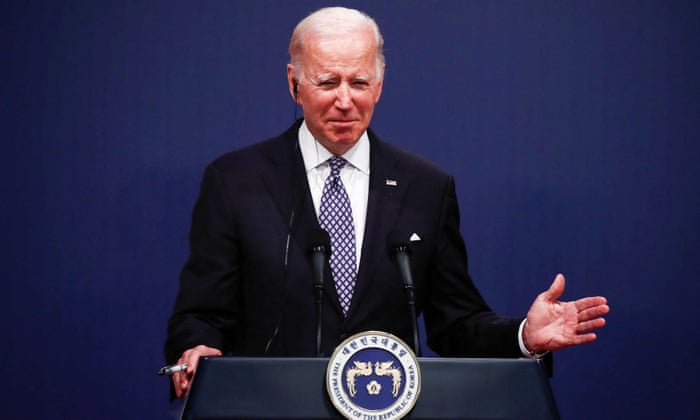 Joe Biden reacts during a joint news conference with the South Korean president, Yoon Suk-yeol in Seoul.