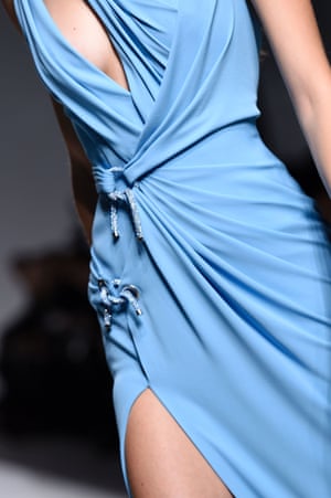 A model presents a creation by Italian fashion designer Donatella Versace.