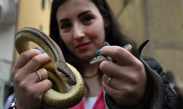 A woman poses with her snakes
